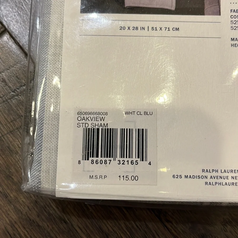 Ralph Lauren Oakview Standard Pillow Sham pillowcase X 1 new 20x28” blue white